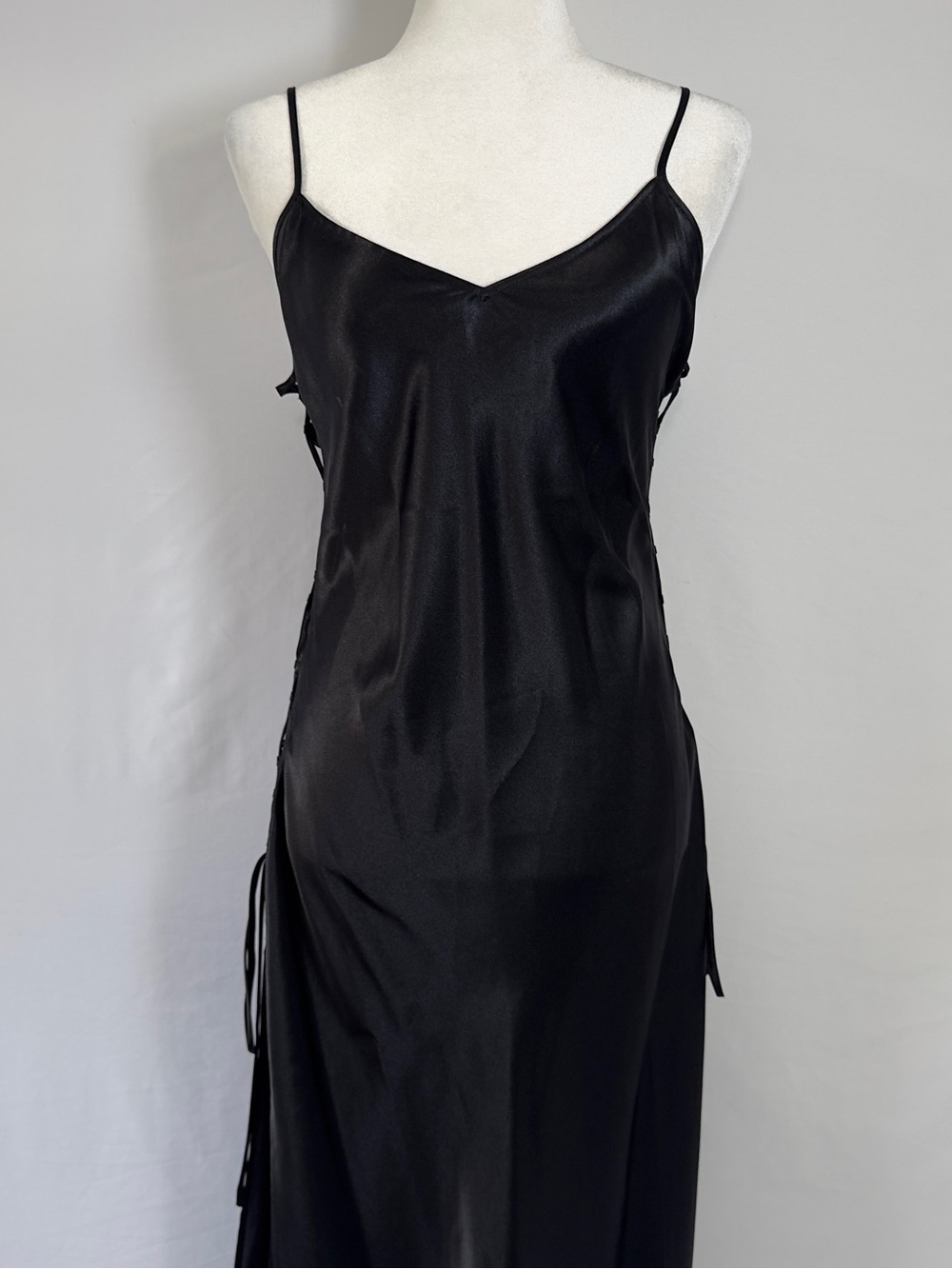 Victoria’s Secret Black Satin Slip Dress Size M Lace Up Sides Maxi
